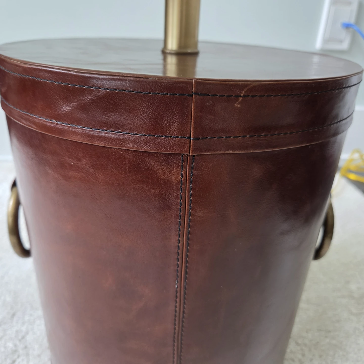 Brown Leather Drum Lamp with Linen Shade - photo 4