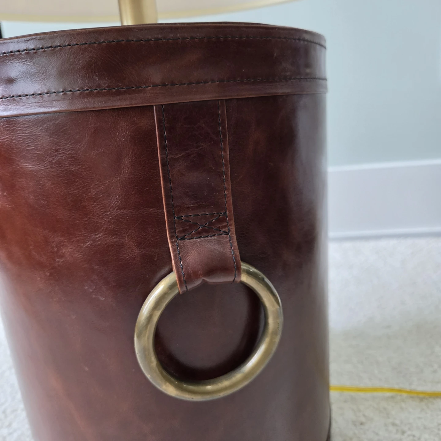 Brown Leather Drum Lamp with Linen Shade - photo 5