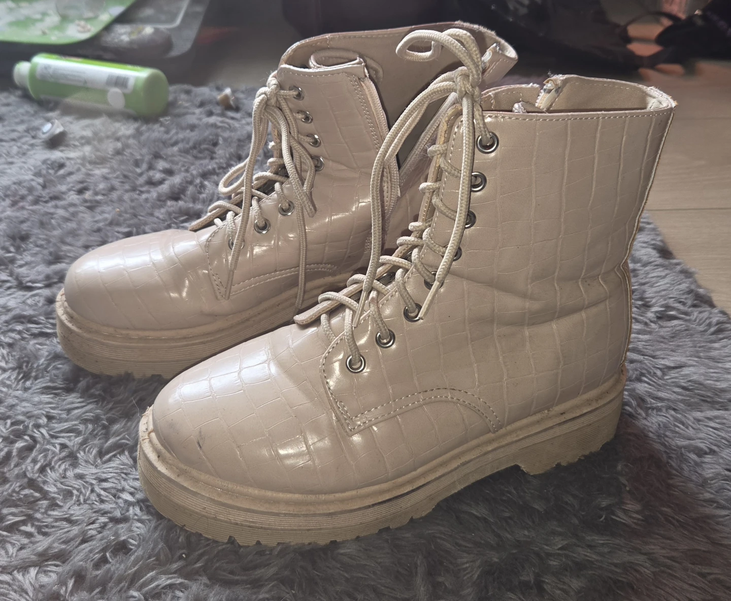 Cream Croc Embossed Combat Boots