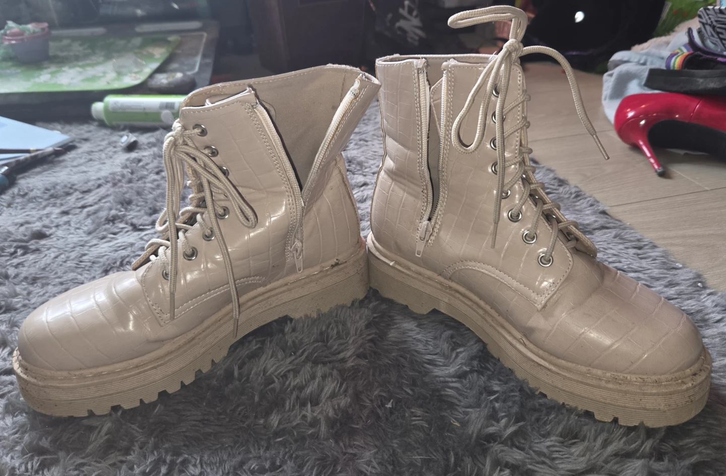 Cream Croc Embossed Combat Boots - photo 2