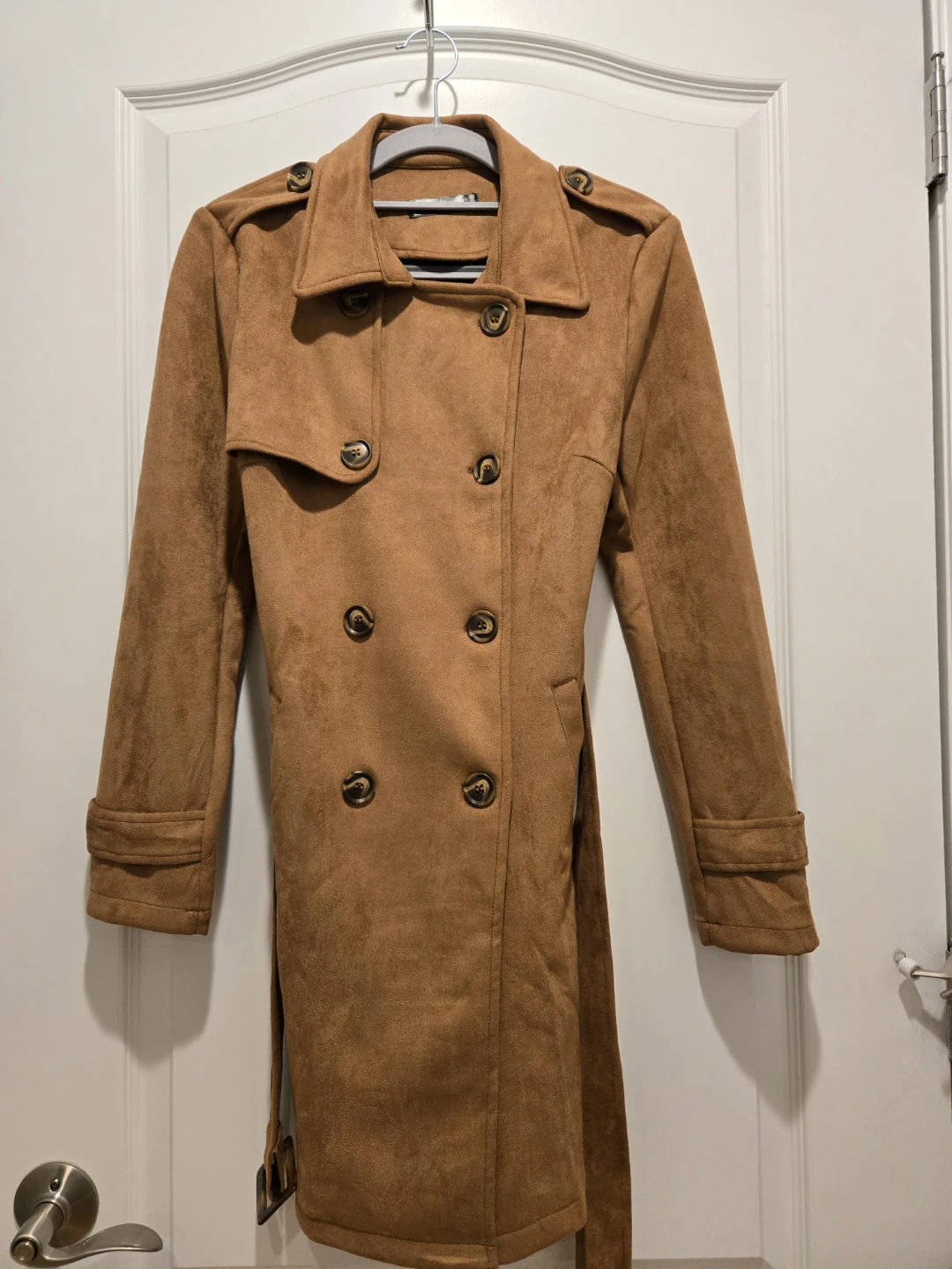 Women's Brown Suede-Like Double-Breasted Trench Coat X-Small