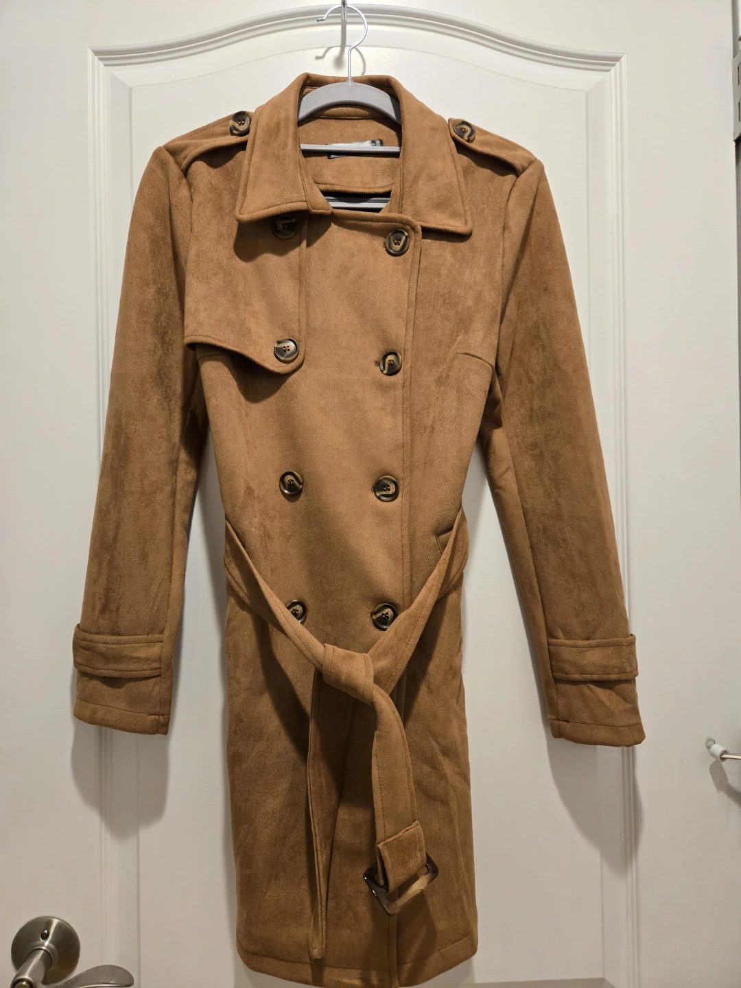 Women's Brown Suede-Like Double-Breasted Trench Coat X-Small - photo 2