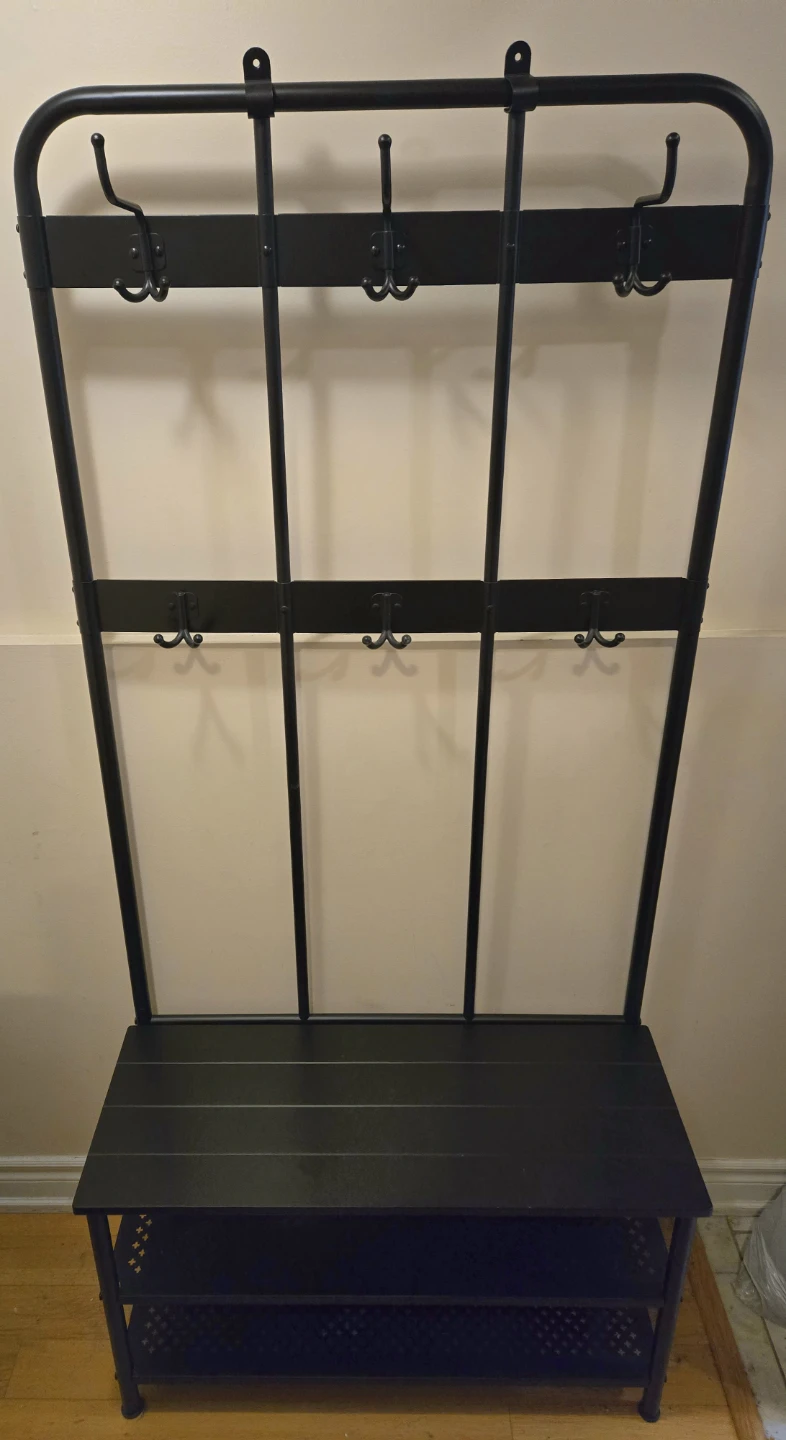 Black Coat Rack with Bench and Shelves
