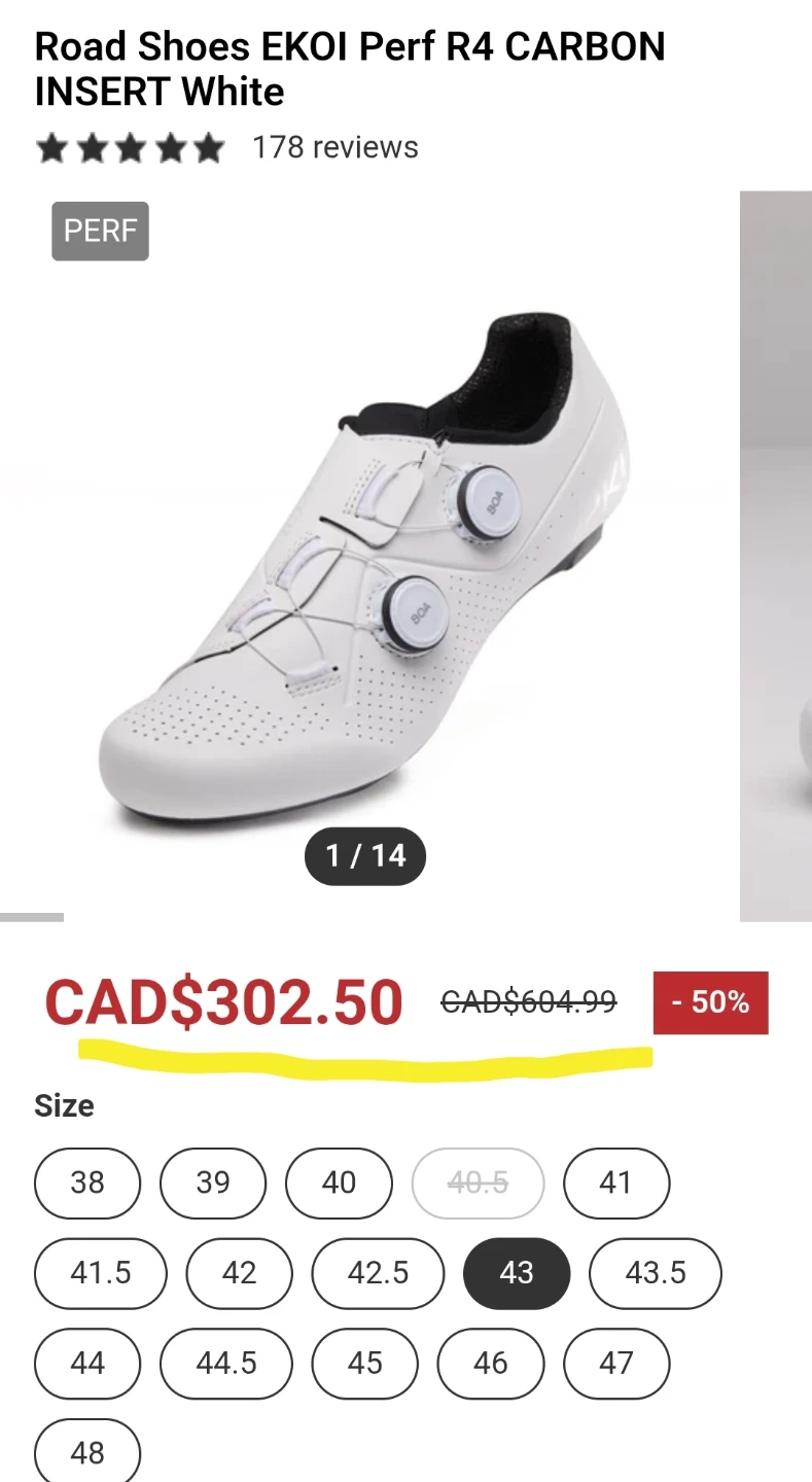 EKOI Perf R4 CARBON INSERT Road Shoes - SIZE 9.5 - Euro size 43