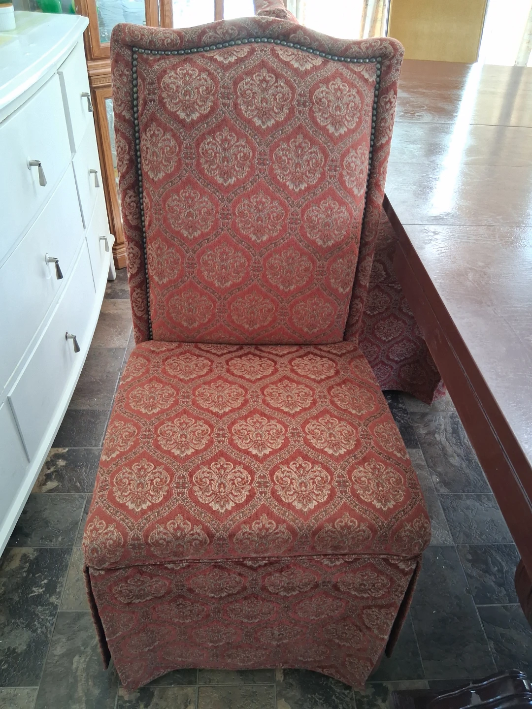 Upholstered Dining Chair - Red Brocade Pattern
