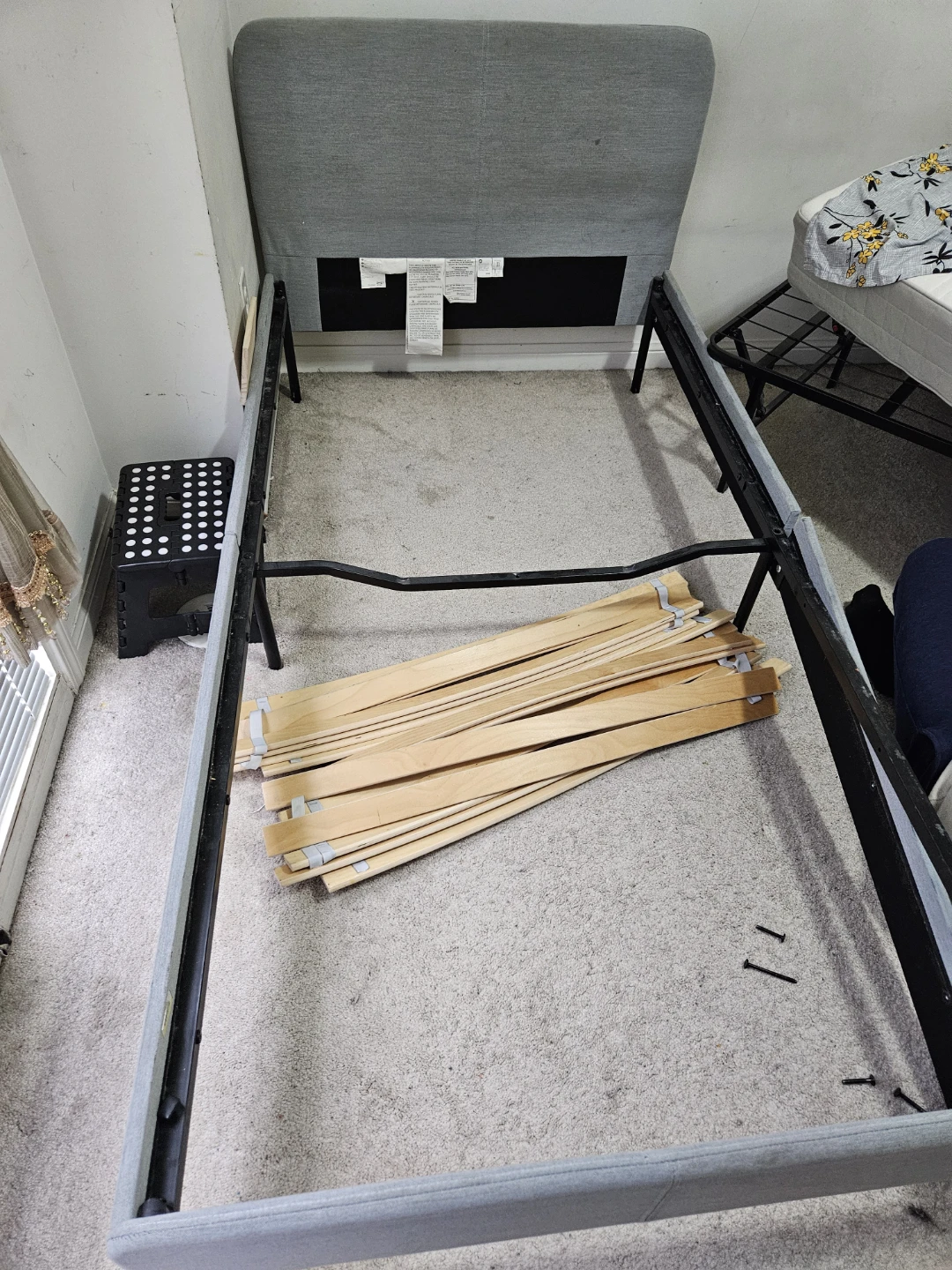 Grey Upholstered Twin Bed Frame with Slats