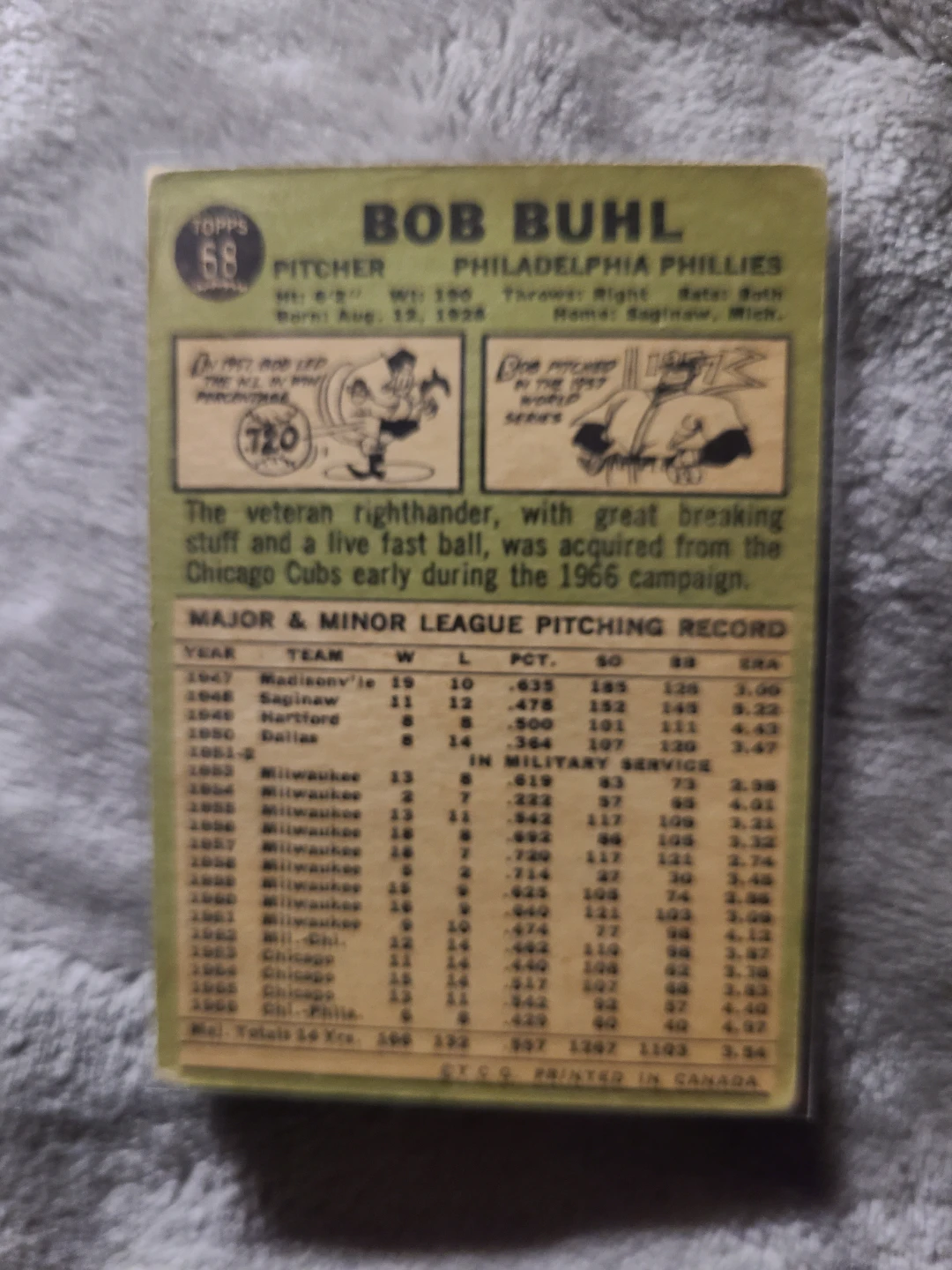 1967 Topps Bob Buhl Pitcher Baseball Card - photo 2