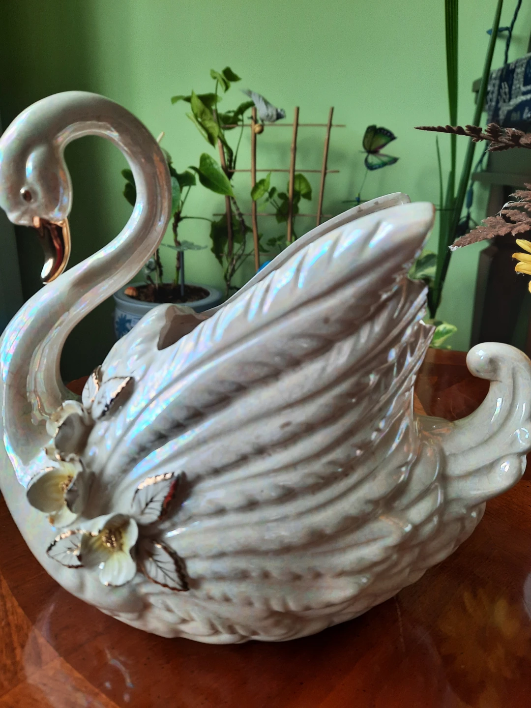 Pair of Ceramic Swan Vases with Faux Flowers - photo 4