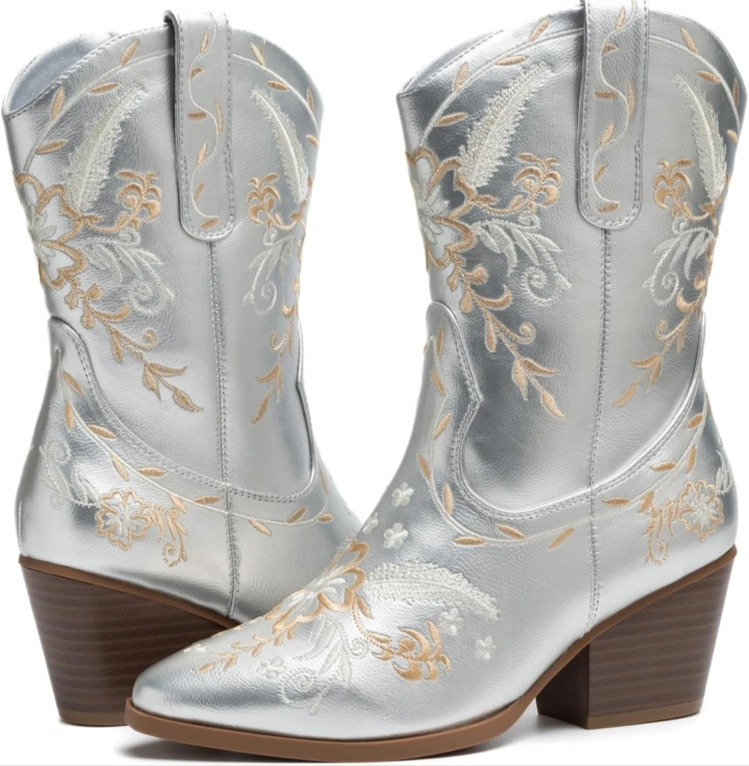 Anjoufemme Silver Embroidered Cowgirl Boots