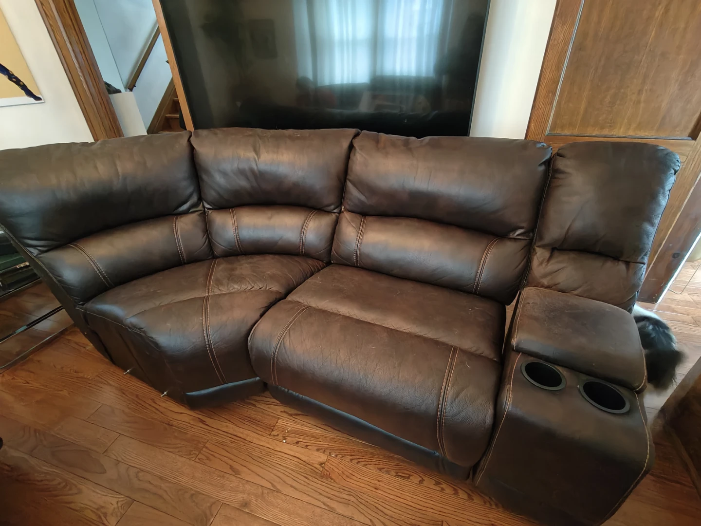 Brown Leather Sectional Recliner Sofa with Console