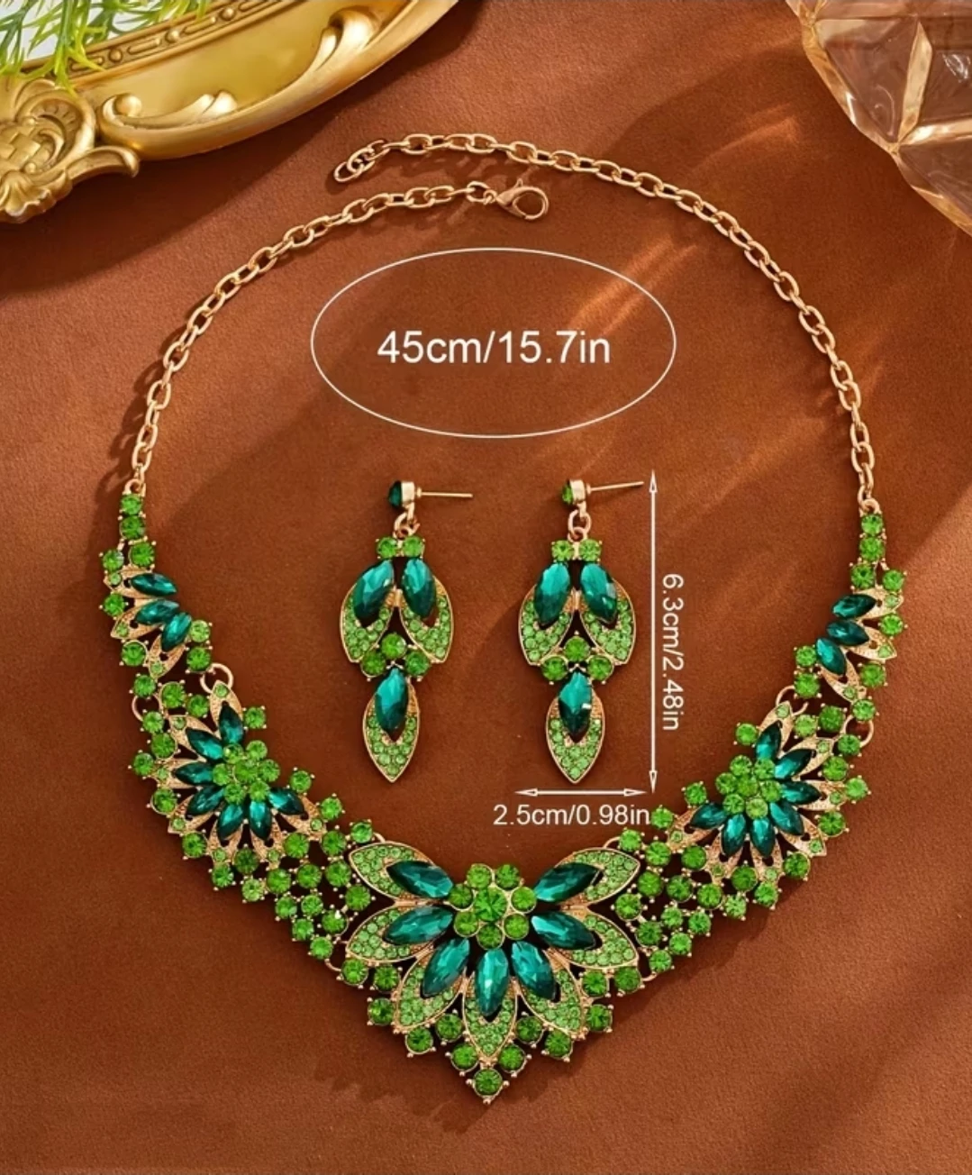 Green Peacock Rhinestone Necklace and Earring Set - photo 2