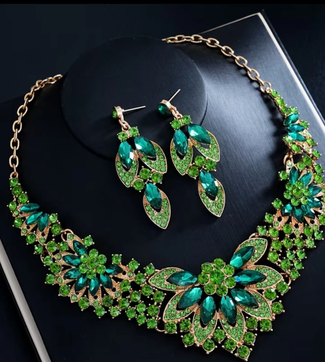 Green Peacock Rhinestone Necklace and Earring Set - photo 5