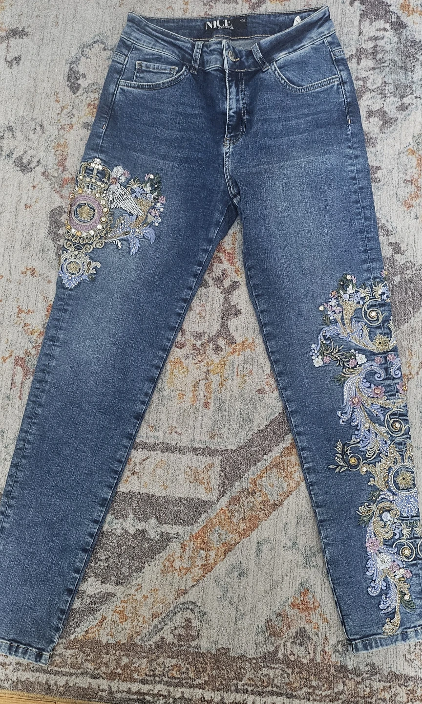 Rhinestone Embellished Blue Denim Jeans
