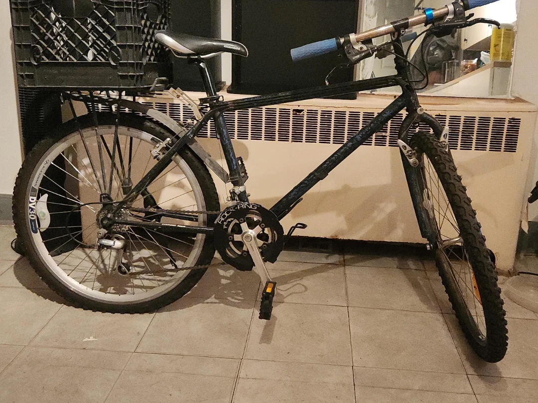 Dark Blue Mountain Bike with Milk Crate