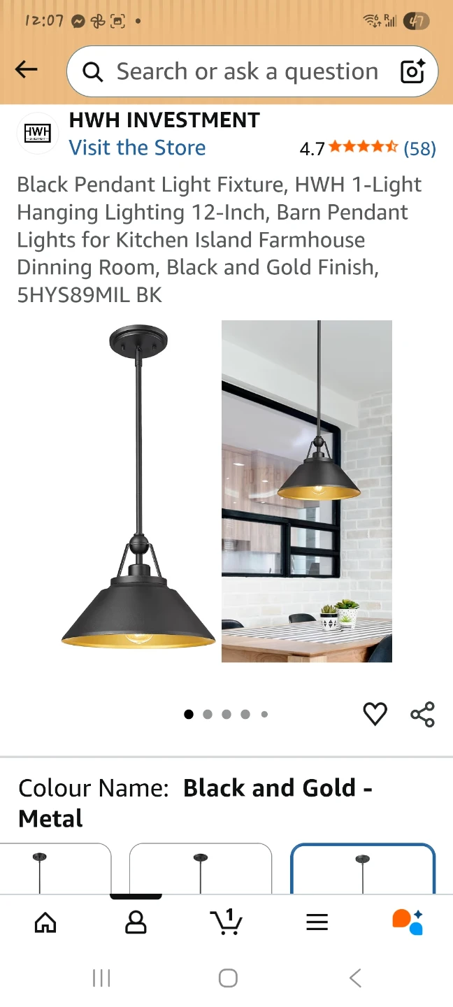 Black and Gold Pendant Light Fixture - 12-Inch Barn Style