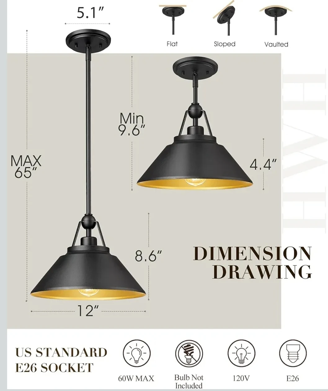 Black and Gold Pendant Light Fixture - 12-Inch Barn Style - photo 3