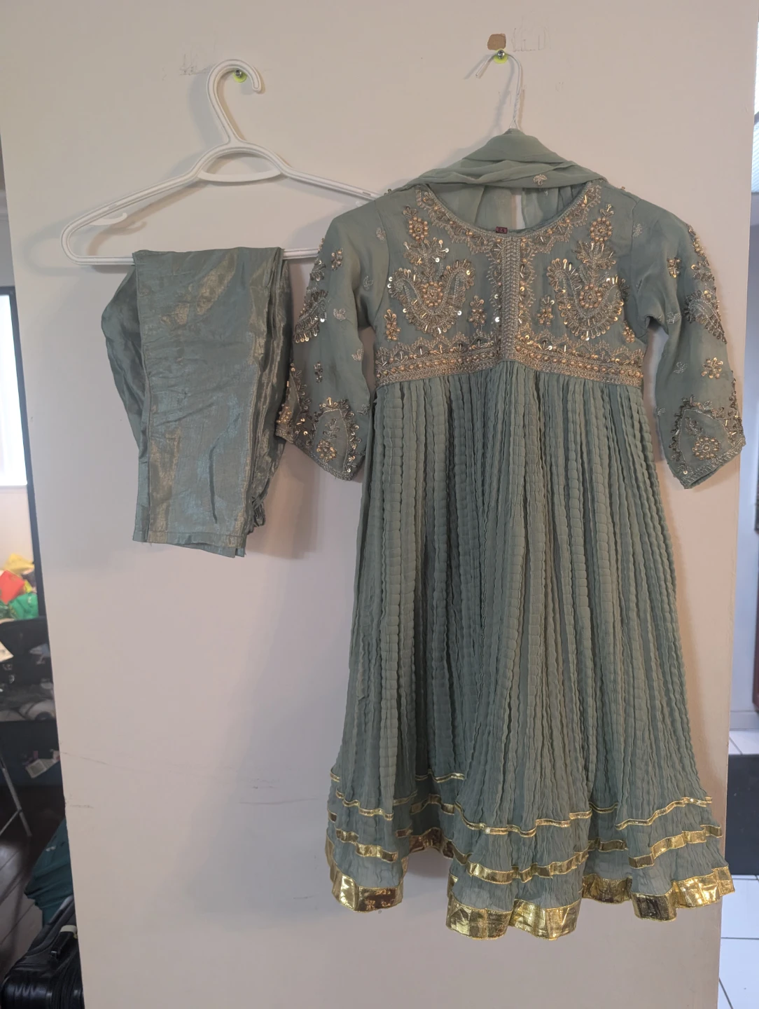 Girl's Embellished Teal Dress with Pants and Scarf