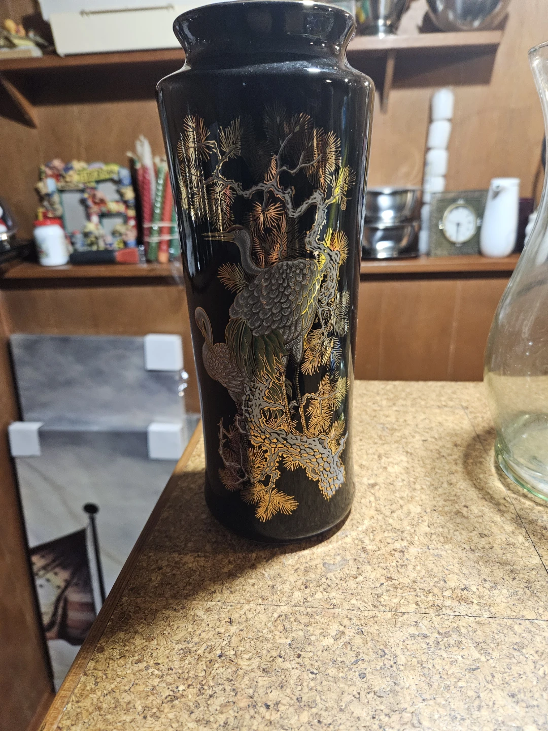 Black Decorative Vase with Crane and Pine Tree Design - photo 2