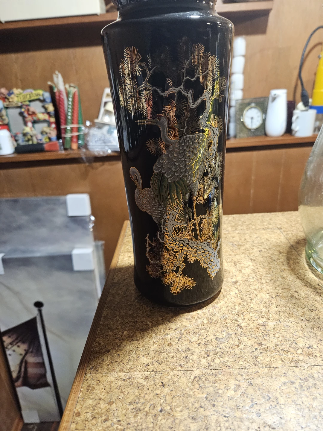 Black Decorative Vase with Crane and Pine Tree Design - photo 3