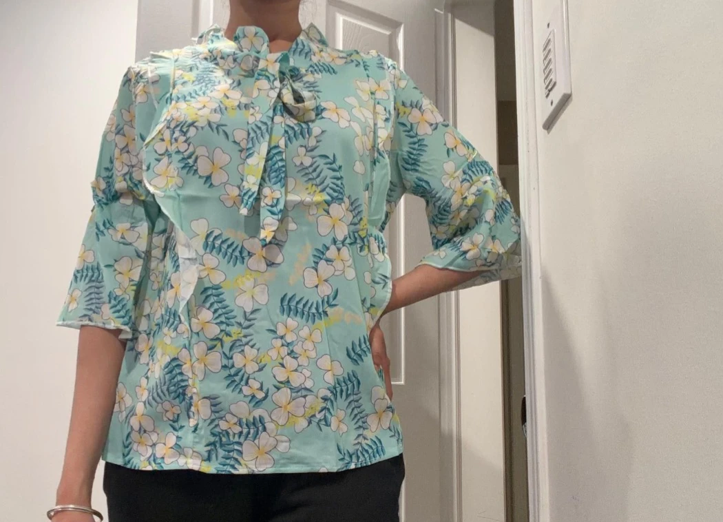 Light Blue Floral Print Blouse with Tie Neck