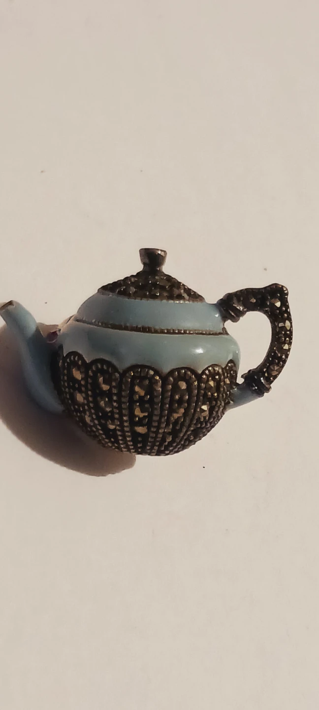 JUDITH JACK Signed Sterling Silver Marcasite Blue Teapot Brooch - photo 3