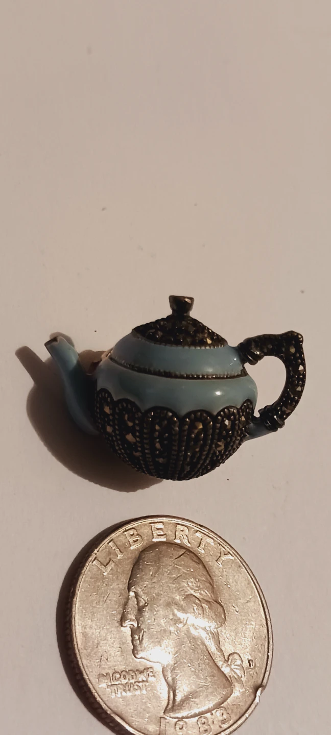 JUDITH JACK Signed Sterling Silver Marcasite Blue Teapot Brooch - photo 5