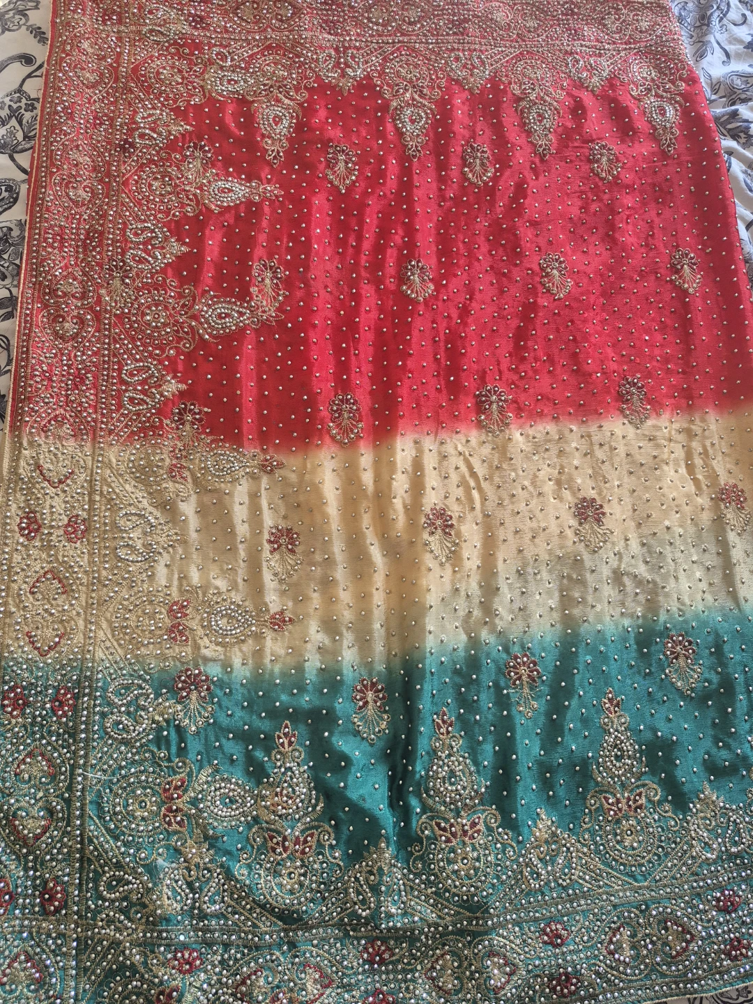 Embellished Saree - Red, Beige, Teal