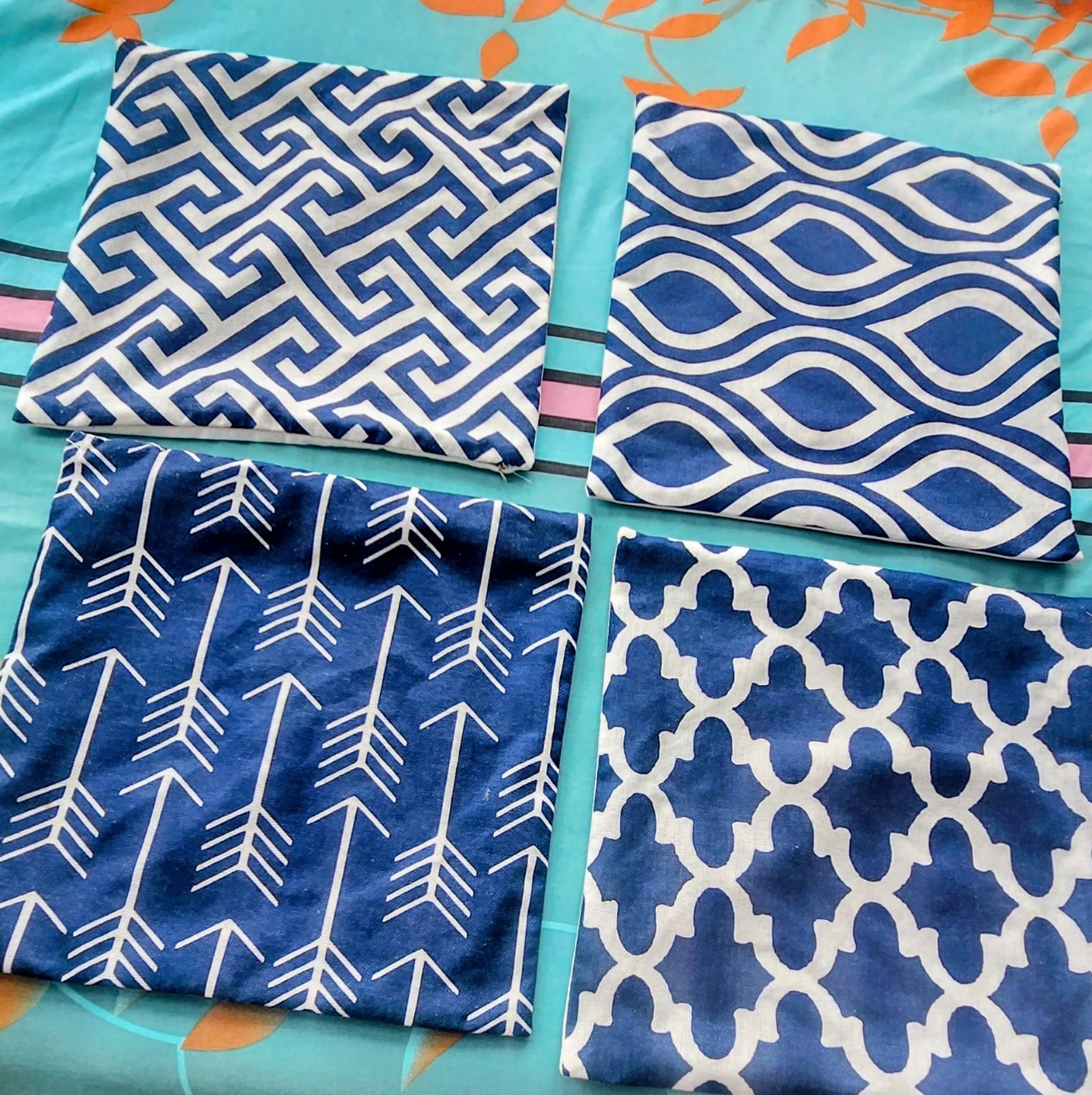 Set of 4 Decorative Pillow Covers - Blue and White Patterns
