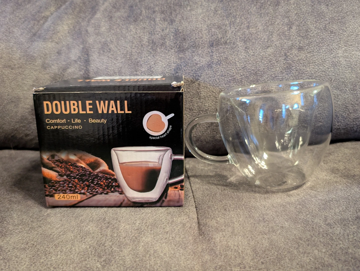 Double Wall Heart Shaped Glass Mug 240ml