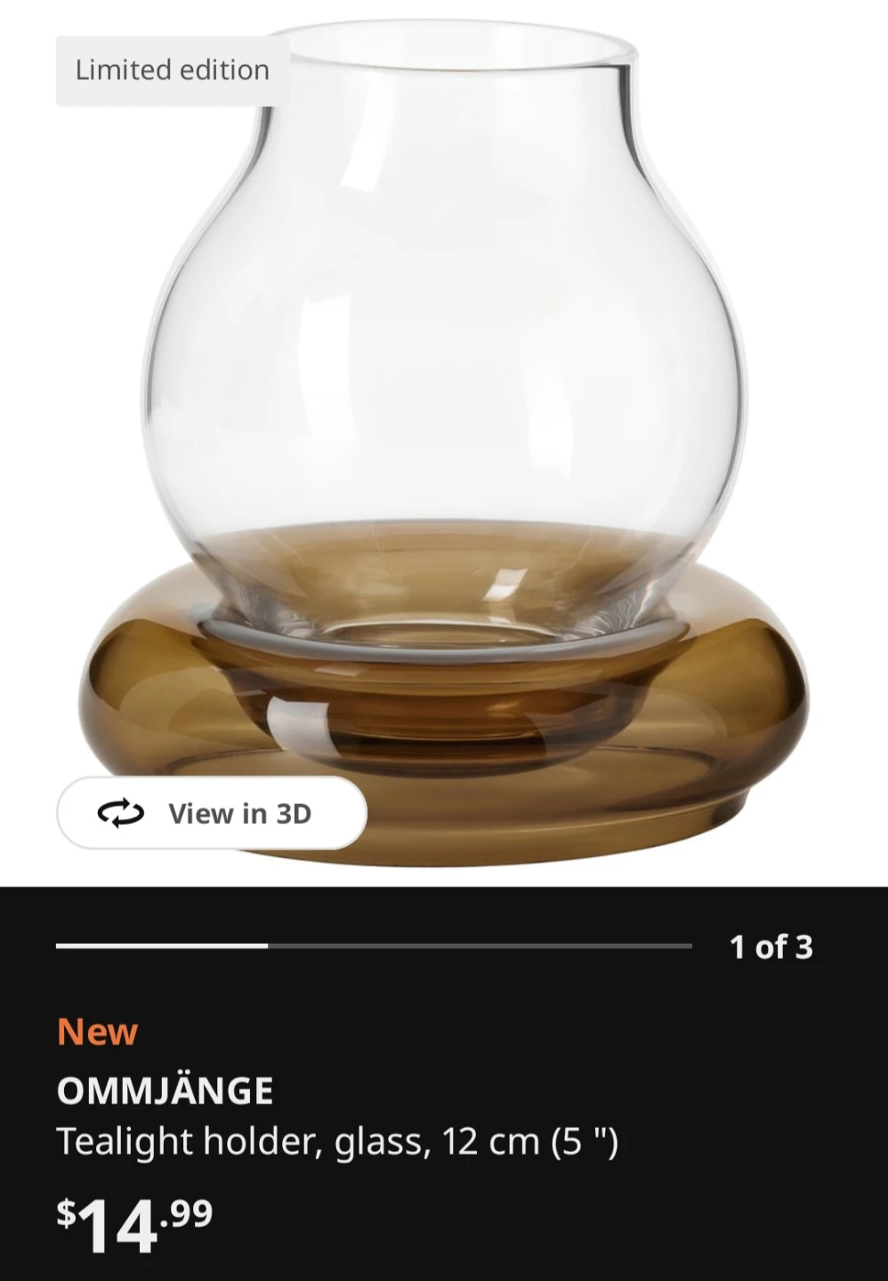 Pack of 2 IKEA OMMJÄNGE Tealight Holder Glass Amber 12 cm