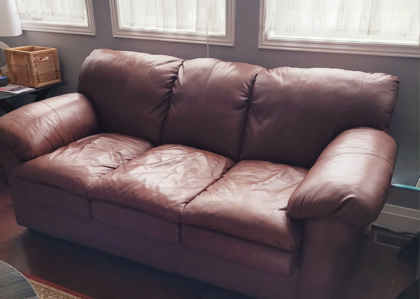 Three Genuine Leather Top Arm Sofas-.