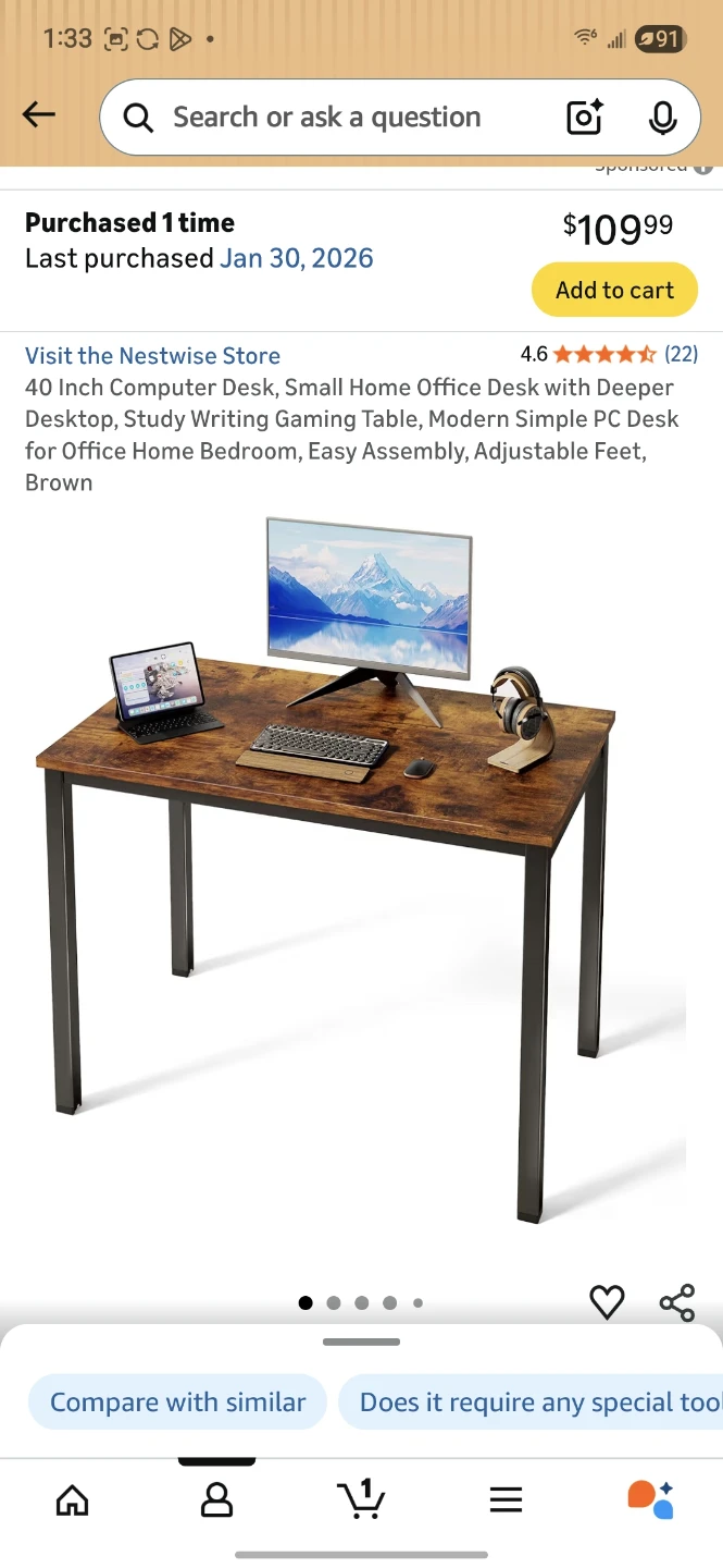 40 Inch Computer Desk - Study Writing Table - Brown - photo 2