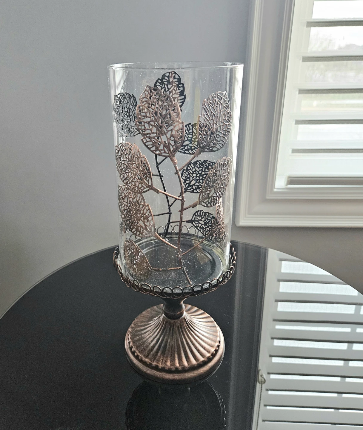 Metal & Glass Hurricane Candle Holder with Metal Leaf Design