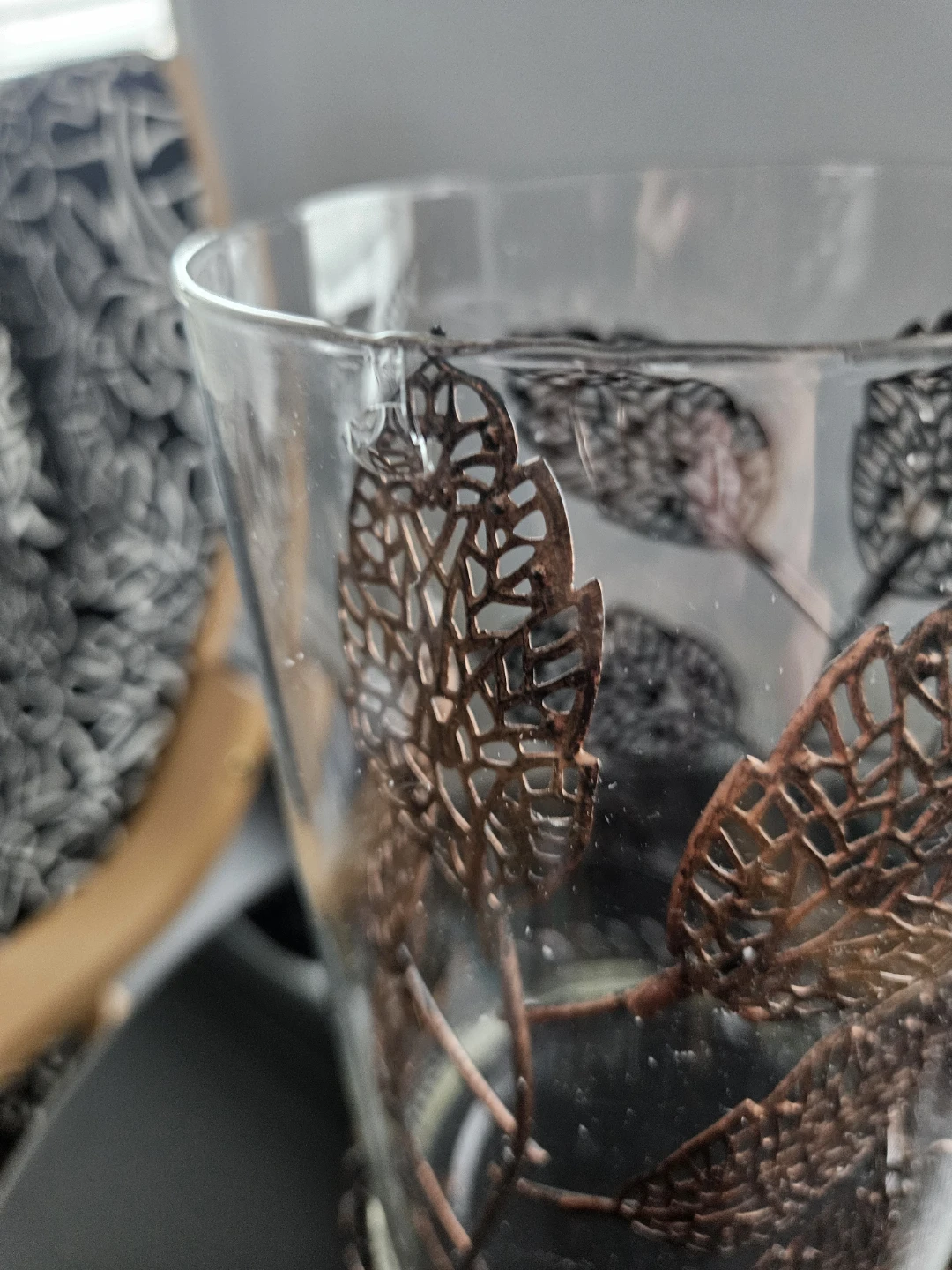 Metal & Glass Hurricane Candle Holder with Metal Leaf Design - photo 3