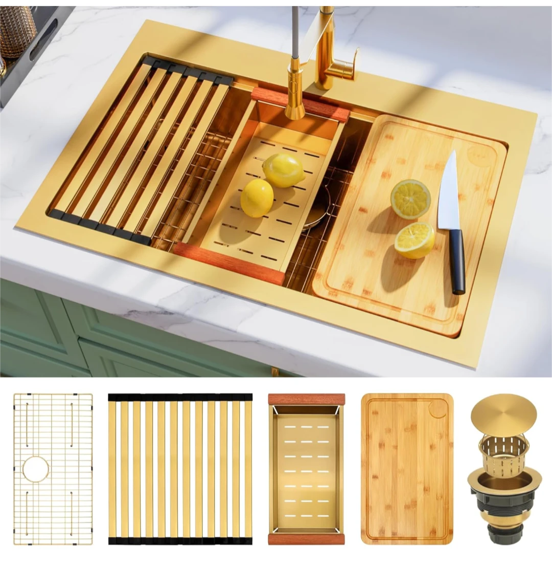 Gold Stainless Steel Kitchen Sink with Workstation Accessories