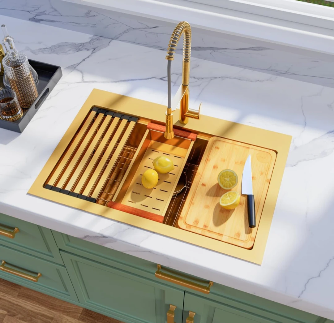 Gold Stainless Steel Kitchen Sink with Workstation Accessories - photo 3