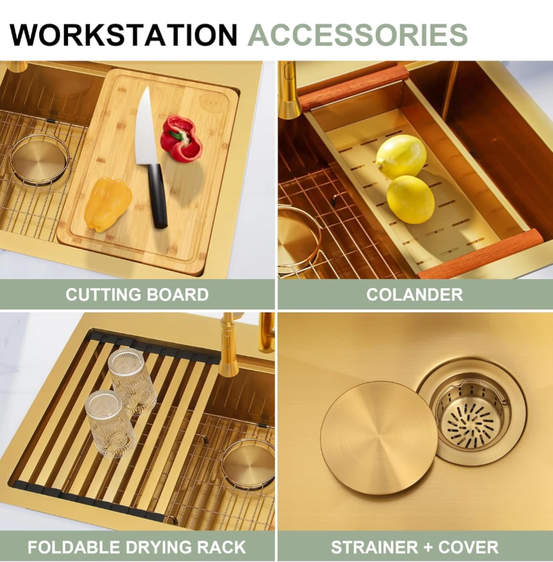 Gold Stainless Steel Kitchen Sink with Workstation Accessories - photo 4