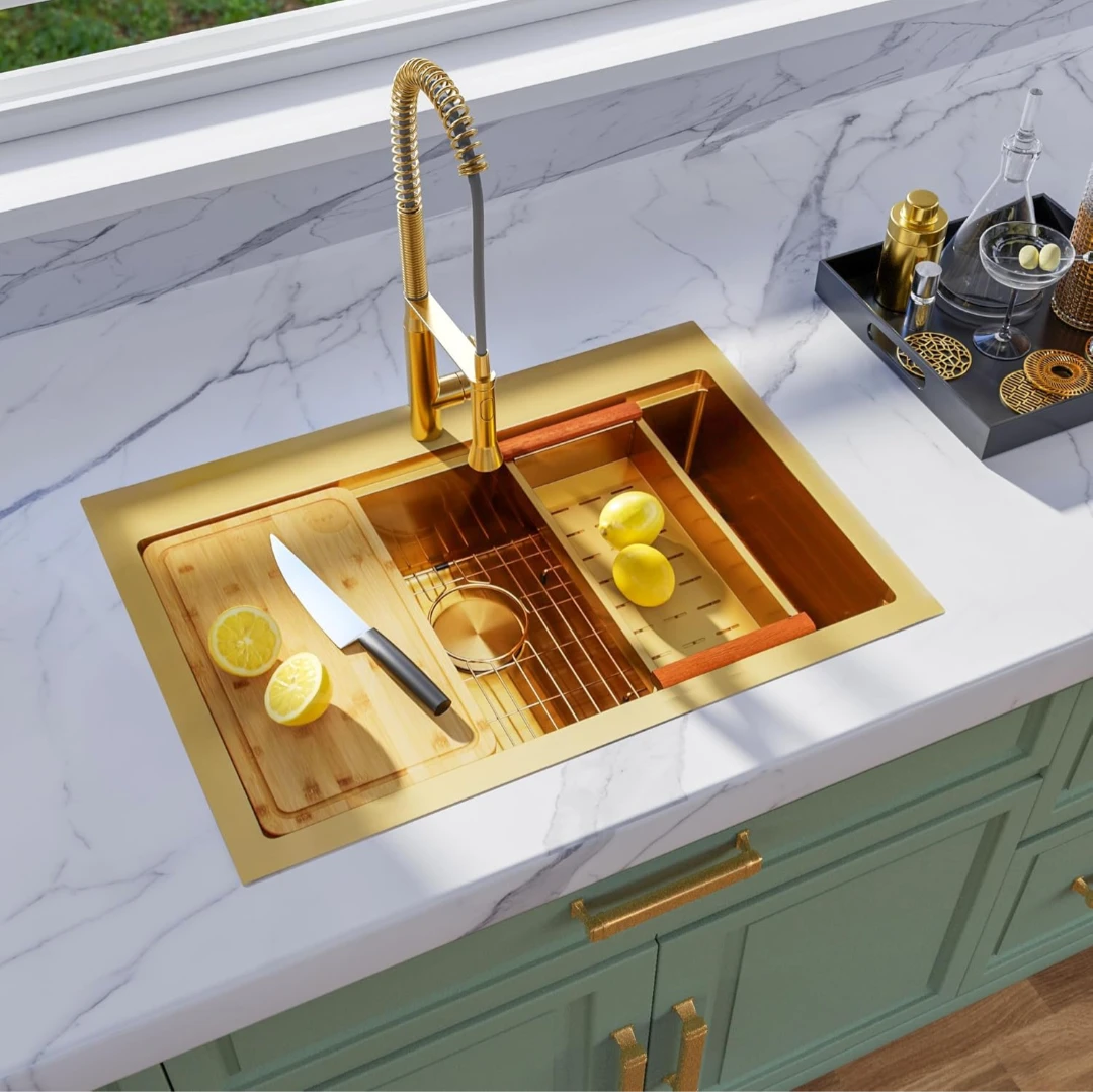 Gold Stainless Steel Kitchen Sink with Workstation Accessories - photo 5