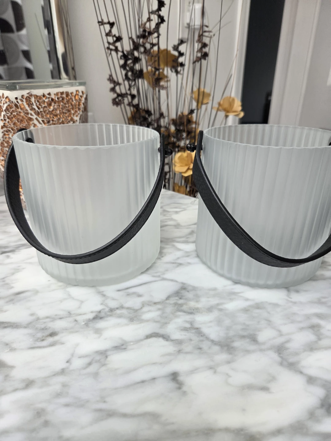 Set of 2 Frosted Glass Lanterns with Black Handles