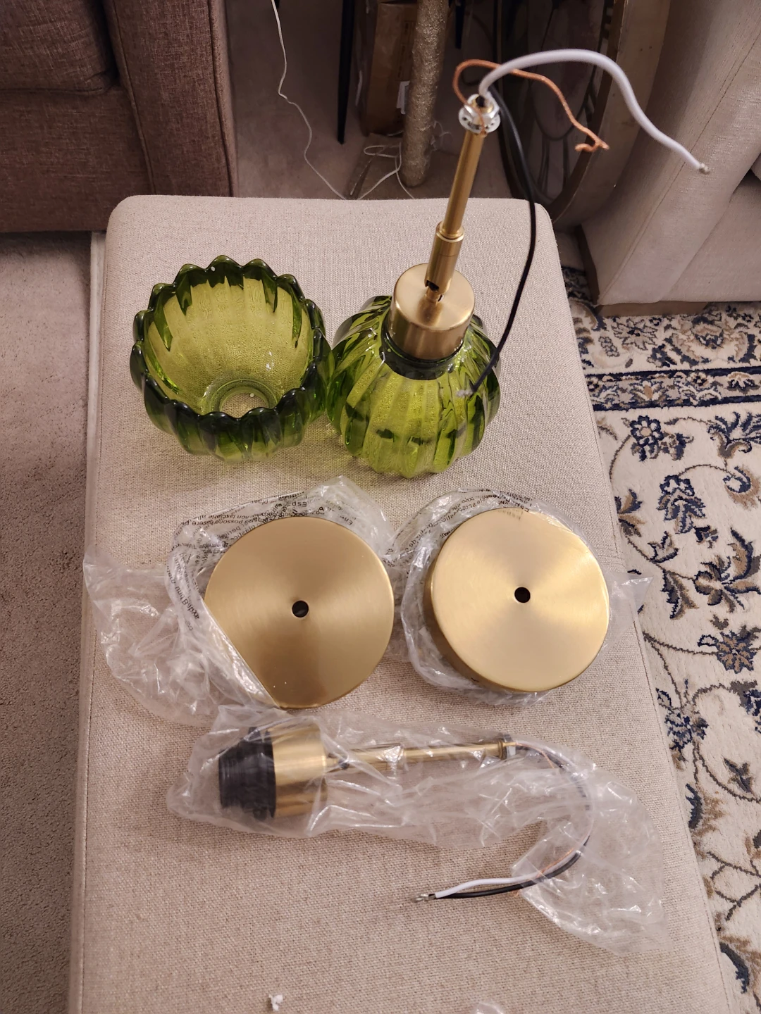 Set of 2 Green Glass Pendant Light Shades with Brass Fixtures - photo 2