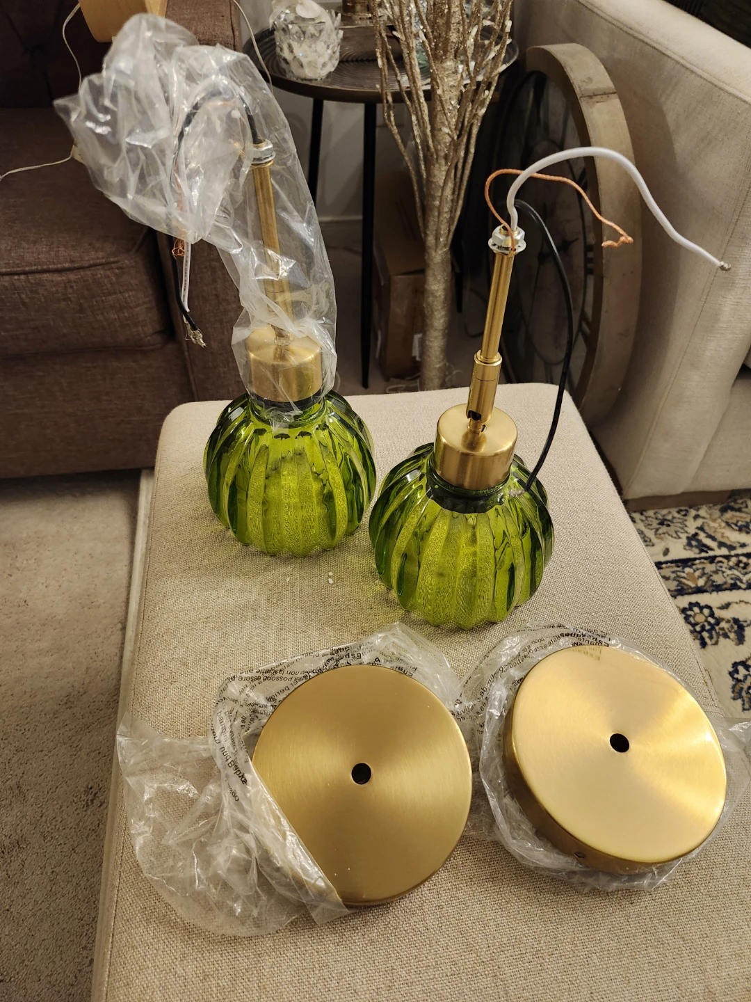 Set of 2 Green Glass Pendant Light Shades with Brass Fixtures