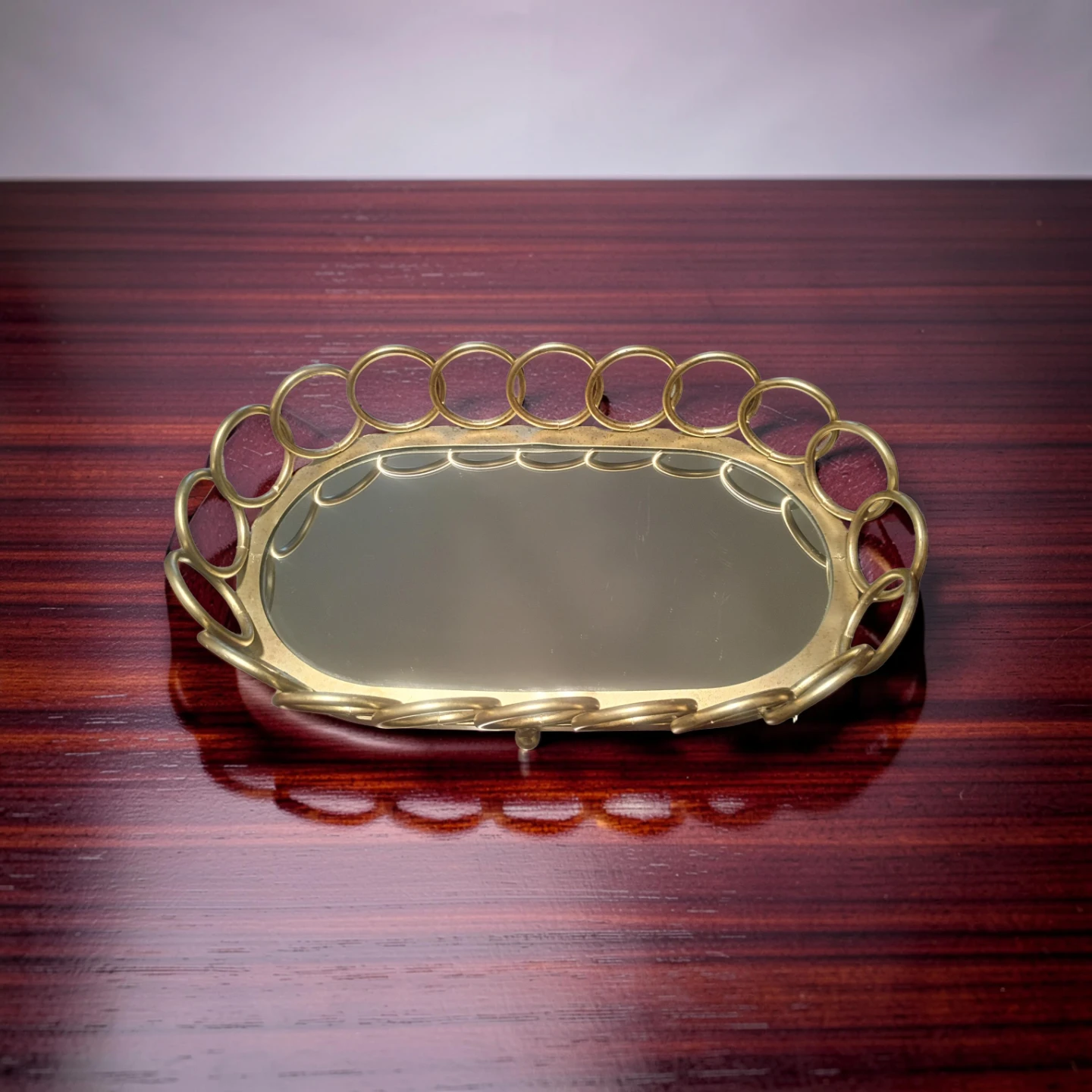 Ornate Goldtone Metal Tray with Mirrored Base