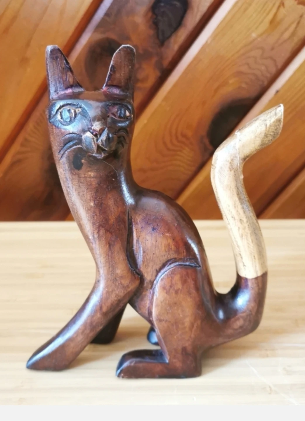 Vintage Hand-Carved Wooden Cat Sculpture Folk Art