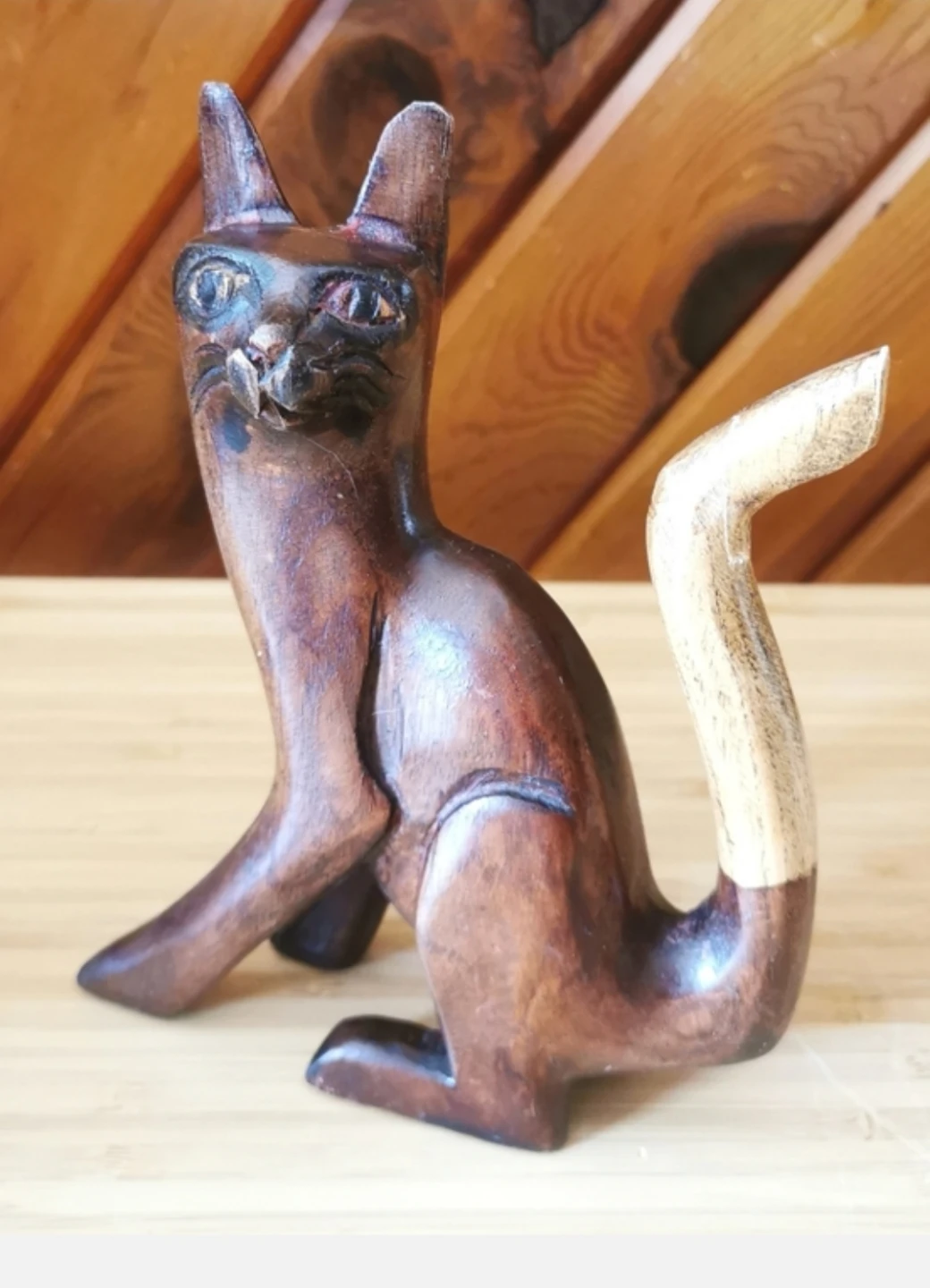 Vintage Hand-Carved Wooden Cat Sculpture Folk Art - photo 2