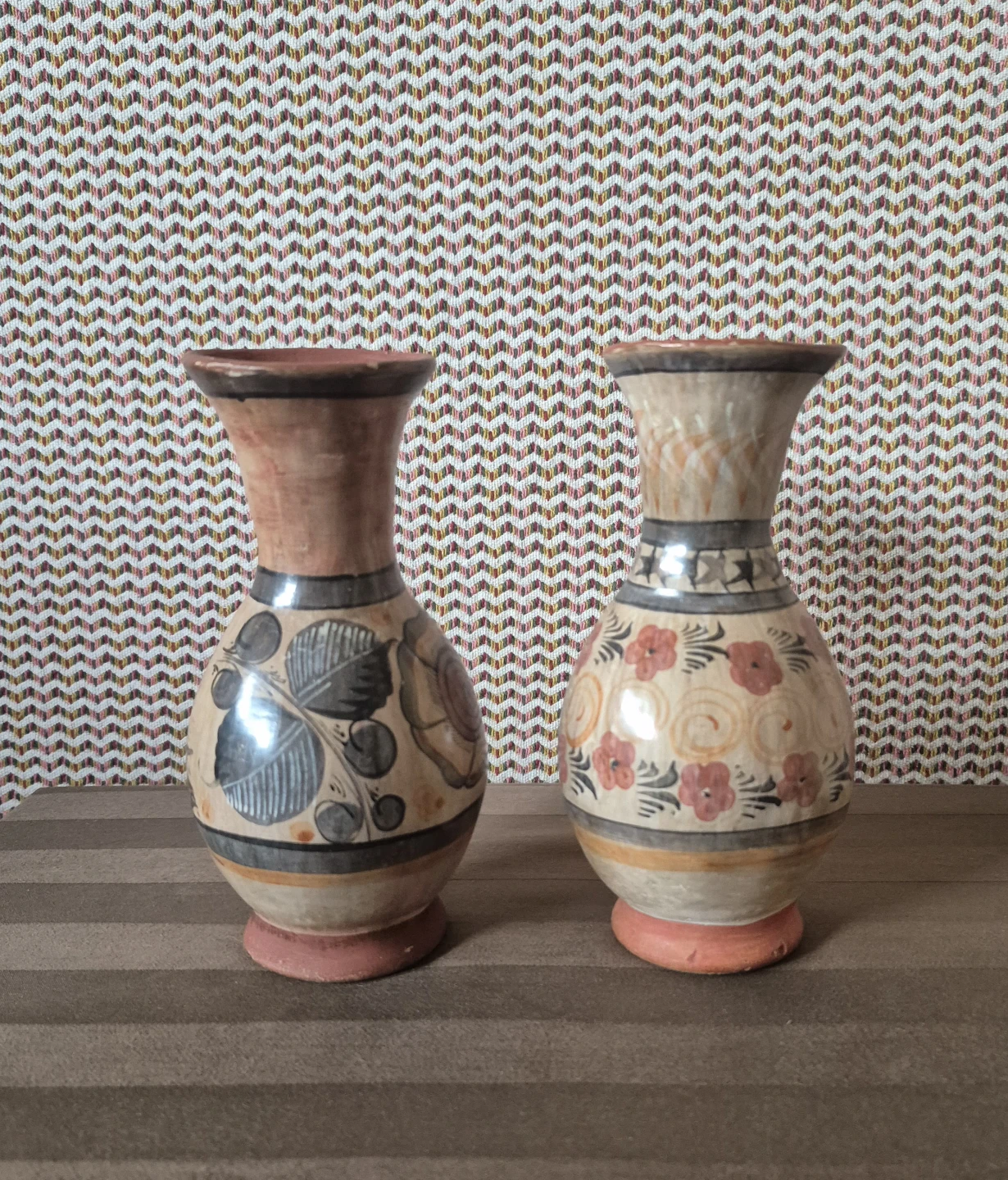 Pair of Ceramic Vases with Floral and Leaf Designs