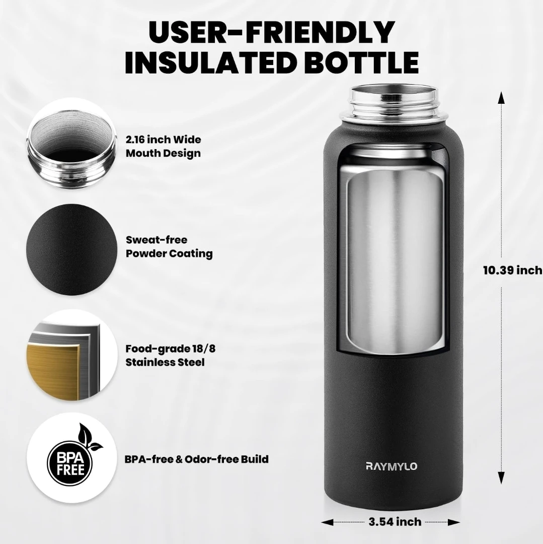 40oz Insulated Water Bottle Triple Wall Stainless Steel, Black - photo 2