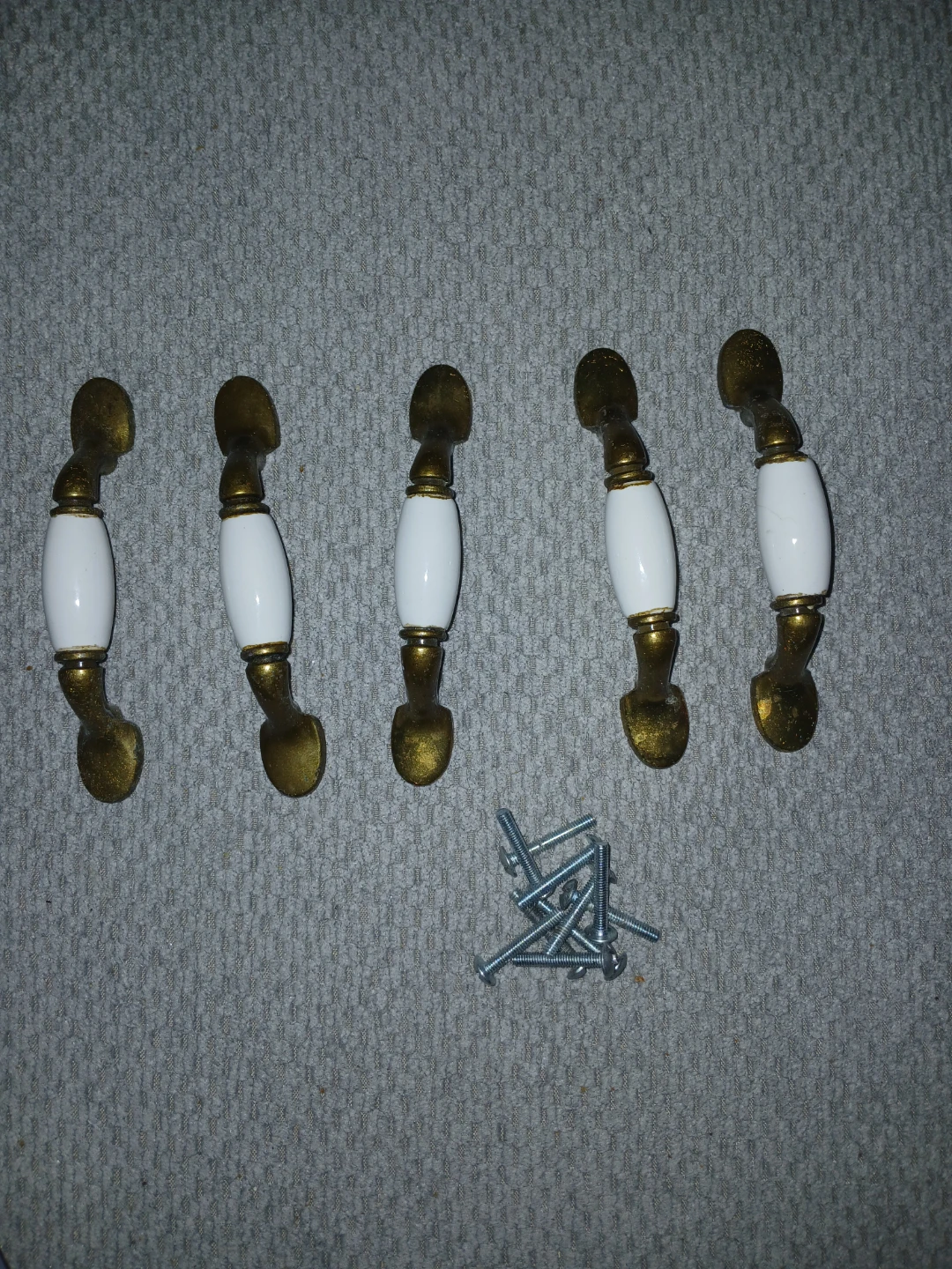 Set of 5 White and Brass Cabinet Drawer Pulls