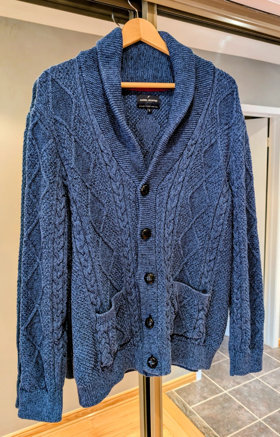 Daniel Hechter Blue Cable Knit Shawl Collar Cardigan - Size L