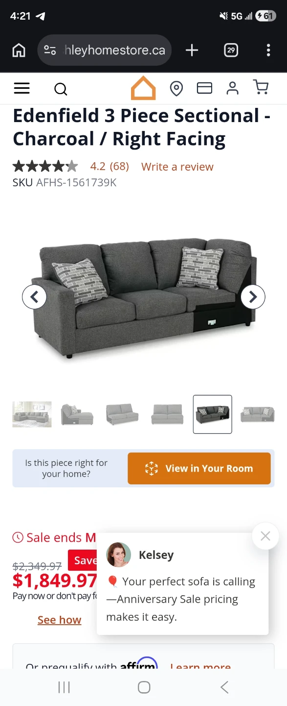 Edenfield 3 Piece Sectional - Charcoal / Right Facing