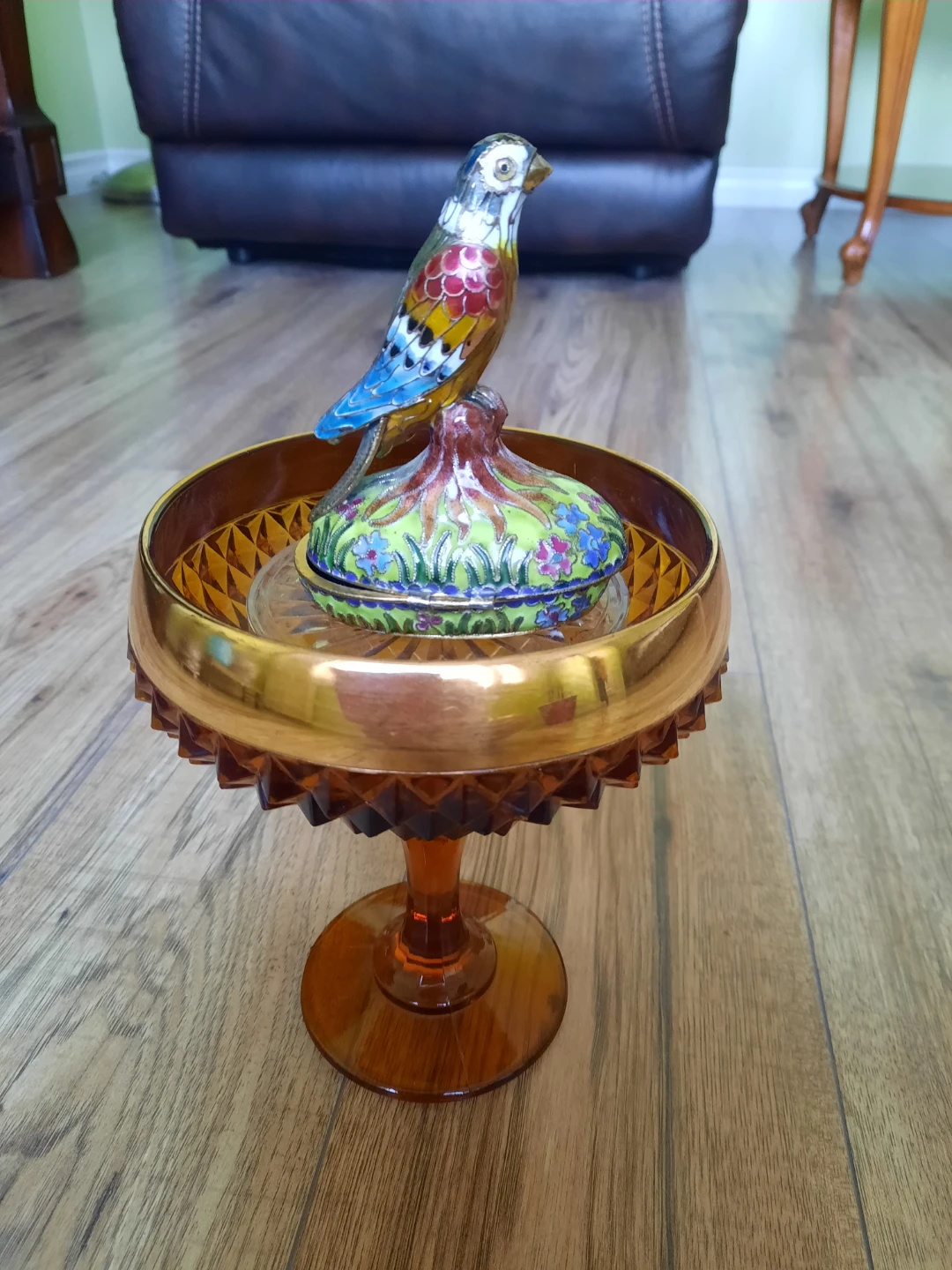 Amber glass compote dish with decorative bird lid - photo 3